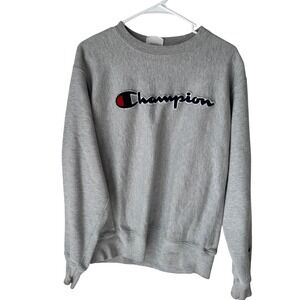 Champion Reverse Weave Mens Gray Chenille Script Logo Sweatshirt GF70 Medium
